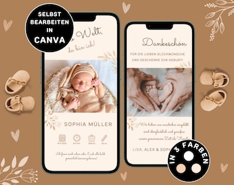 Anuncio de nacimiento digital Neutral WhatsApp Tarjeta de agradecimiento personalizable Nacimiento Neutral eCard Anuncio de nacimiento Gracias Nacimiento Digital Canva