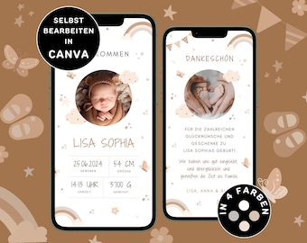 Digital Birth Announcement Neutral Canva Template Customizable Thank You Card for Sending eCard Birth Announcement Digital Thank You Photo