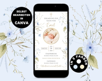 May include: A blue and white digital invitation with a watercolor floral design. The invitation is for a baby boy's christening and includes the name "Emil" and the date and time of the event. The invitation also includes the location of the church and the reception. The text "IN 3 FARBEN" is visible in the lower right corner of the image.