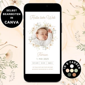 Anuncio de nacimiento digital Envío neutral a través de WhatsApp Anuncio de nacimiento boho personalizable Tarjeta electrónica Anuncio de nacimiento Anuncio de bebé Canva