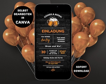 Könnte beinhalten: Eine digitale Einladung zu einer 30. Geburtstagsfeier mit schwarzem Hintergrund und orangefarbenem Text. Die Einladung zeigt eine Grafik mit zwei Bierkrügen und dem Text "Cheers & Beers!" Die Einladung enthält den Text "Ich werde 30!" und "Das muss gefeiert werden!" Die Einladung enthält auch das Datum, die Uhrzeit und den Ort der Party. Die Einladung hat einen Button mit der Aufschrift "Jetzt herunterladen".