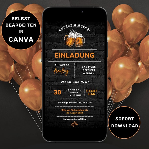 Digitale Geburtstagseinladung zum Versenden per WhatsApp eCard Geburtstag Männer Bier Einladung Geburtstag Bier Canva Vorlage 1080 x 1920px