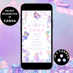 May include: A smartphone displays a mermaid-themed birthday invitation. The invitation features illustrations of mermaids, fish, and aquatic elements in shades of purple, pink, and blue. Text includes the name "EMMA" and the age "31".