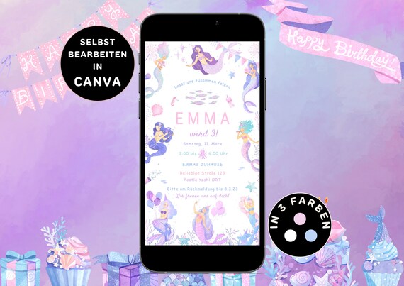 Digitale Geburtstagseinladung Kinder zum Versenden per WhatsApp Personalisierbar ecard Geburtstag Jungfrauen Canva Vorlage Geburtstagskarte