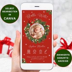 Digitale Geburtsanzeige Weihnachten Versenden per WhatsApp Personalisierbar Neutrale Geburtsangzeige eCard Geburt Verkünden Baby-Ankündigung