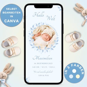 Anuncio de nacimiento digital de niño para enviar por WhatsApp Anuncio de nacimiento Tarjeta electrónica personalizable Anuncio de nacimiento Anuncio de bebé Canva azul