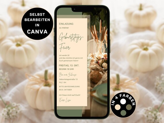 Digitale Geburtstagseinladung Herbst zum Versenden per WhatsApp Personalisierbar eCard zum Geburtstag Boho Einladung Geburtstag Herbst Canva