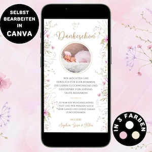 Digitale bedankkaart doop meisje om te versturen via WhatsApp bedankje doop personaliseerbare eCard doop meisje bloemen bedankkaart doop