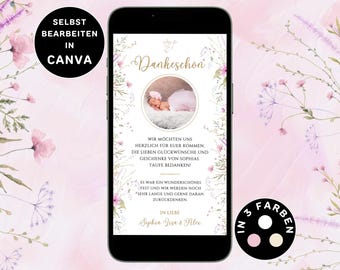 Digital thank you card baptism girl to send via WhatsApp thank you baptism personalizable eCard baptism girl flowers thank you card baptism