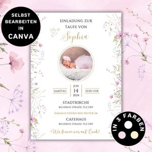 Carte d'invitation baptême fille personnalisable à imprimer carte baptême photo fille carte d'invitation baptême fille fleurs baptême modèle Canva