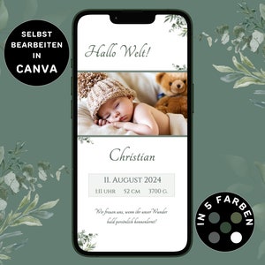 Anuncio de Nacimiento Digital Neutral para enviar por WhatsApp Anuncio de Nacimiento Personalizable Flores eCard Plantilla de Anuncio de Nacimiento Neutral