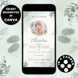 Anuncio de nacimiento digital para enviar por WhatsApp Tarjeta electrónica de anuncio de nacimiento neutra personalizable Anunciar nacimiento Anuncio de bebé Canva