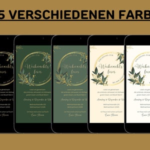 May include: Five smartphones displaying Christmas party invitations in various colors: black, dark green, medium green, cream, and light green. Each invitation features a gold circular frame with botanical elements and text.