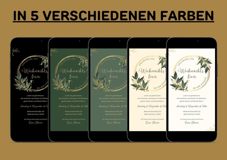 May include: Five smartphones displaying Christmas party invitations in various colors: black, dark green, medium green, cream, and light green. Each invitation features a gold circular frame with botanical elements and text.
