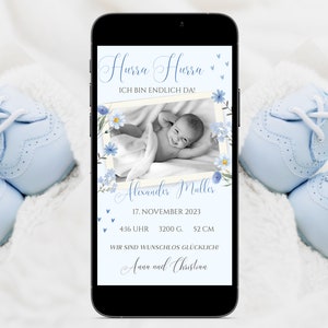 Anuncio de nacimiento digital niño para enviar por WhatsApp Tarjeta electrónica de anuncio de nacimiento personalizable Anunciar nacimiento niño Foto de anuncio de bebé
