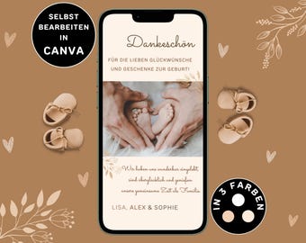 Digital Thank You Card for Birth, Neutral, Personalizable, for Sending, eCard, Thank You Photo Template, Family, Friends, Beige, Thank You Card, Canva, DIY