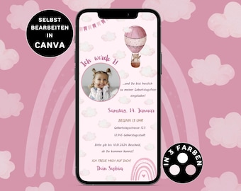 Digital birthday invitation girl bear personalizable send via WhatsApp invitation birthday pink eCard birthday girl Canva