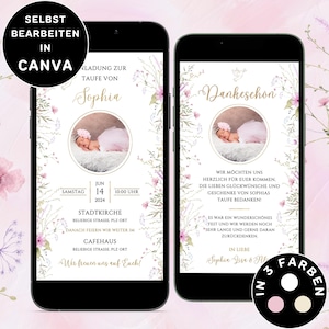 Digitale Einladung Taufe Mädchen zum Versenden per WhatsApp Dankeskarte Taufe Personalisierbar eCard Taufe Mädchen Blumen Danksagung Taufe