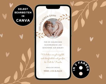 Digital birth announcement thank you card to send via WhatsApp. Neutral, customizable birth announcement thank you card with photo.