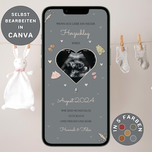 May include: A digital pregnancy announcement on a smartphone, featuring a sonogram in a heart shape. The announcement includes the text "August 2024" and is decorated with baby-themed elements. A plush bunny and baby socks hang in the background.