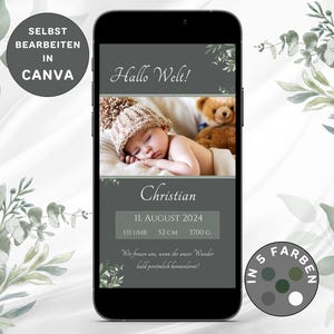Anuncio de nacimiento digital para enviar por WhatsApp Anuncio de nacimiento Eucalipto eCard personalizable Anuncio de nacimiento Foto Anuncio de bebé