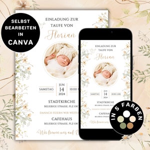 Digitale Einladung Taufe Neutral zum Versenden per WhatsApp Taufkarte Foto PersonalisierbarTaufeinladung Karte Neutral Blumen Canva Vorlage