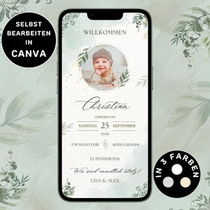 Invito digitale battesimo neutro da inviare tramite WhatsApp biglietto battesimo foto personalizzabile eCard invito battesimo neutro verde modello Canva