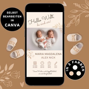 Anuncio de nacimiento digital de gemelos para enviar por WhatsApp Tarjeta electrónica de anuncio de nacimiento neutral personalizable Anuncio de nacimiento de gemelos Canva
