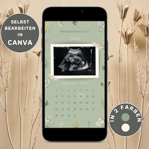 Neutrale Baby-Ankündigung zum Versenden über Whatsapp Personalisierbar Schwangerschaft Baby Verkündung Baby Überraschung Canva 1080 x 1920px