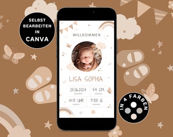 Neutrale Geburtsanzeige zum Versenden per WhatsApp Personalisierbar Digitale Geburtsangzeige Regenbogen eCard Geburt Verkünden Baby-Ankünden