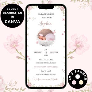Puede incluir: Un teléfono inteligente que muestra una plantilla de invitación digital para el bautizo de Sophia, con ilustraciones florales rosas, un espacio circular para una foto de bebé y detalles de fecha, hora y lugar en alemán.