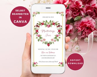 Digitale Einladung Muttertag zum Versenden per WhatsApp Muttertagsbrunch Einladung Vorlage Personalisierbar Muttertag Feier Blumen Elegant