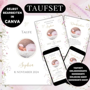 Taufset Mädchen Einladung Taufe zum Versenden per WhatsApp Taufeinladung Foto Ausdrucken Personalisierbar Taufheft Vorlage Dankeskarte Taufe