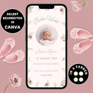 Geburtsanzeige Mädchen Versenden per WhatsApp Personalisierbar Digitale Geburtsangzeige eCard Baby-Ankünden Digitale Karte zur Geburt Canva