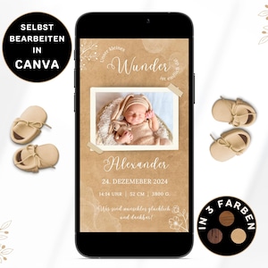 Anuncio de nacimiento digital para enviar por WhatsApp Tarjeta electrónica con foto de anuncio de nacimiento personalizable Anuncio de nacimiento Anuncio de bebé neutral Canva