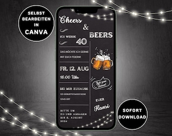 May include: A digital invitation on a smartphone screen, featuring the text "Cheers & Beers" and details for a 40th birthday celebration. The design includes beer mugs, event date, time, and location, all set against a dark background.