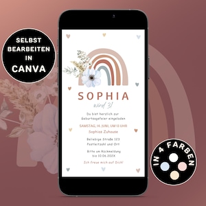 Digital invitation children&#39;s birthday eCard for birthday children Personalizable Birthday Boho Rainbow to send via WhatsApp Canva