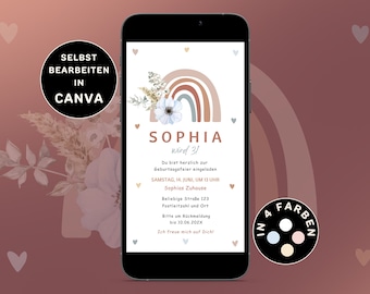 Digital invitation children's birthday eCard for birthday children Personalizable Birthday Boho Rainbow to send via WhatsApp Canva