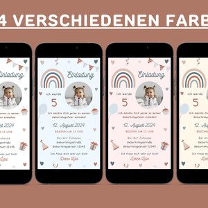Op de afbeelding: Vier verschillende gekleurde digitale verjaardagsuitnodigingen met een regenboog, cupcake en ballonnen. De uitnodigingen zeggen "Einladung" wat in het Duits "uitnodiging" betekent. De tekst zegt "Ich werde 5" wat in het Duits "Ik word 5" betekent. De uitnodigingen bevatten ook de datum, tijd en locatie van het feest.