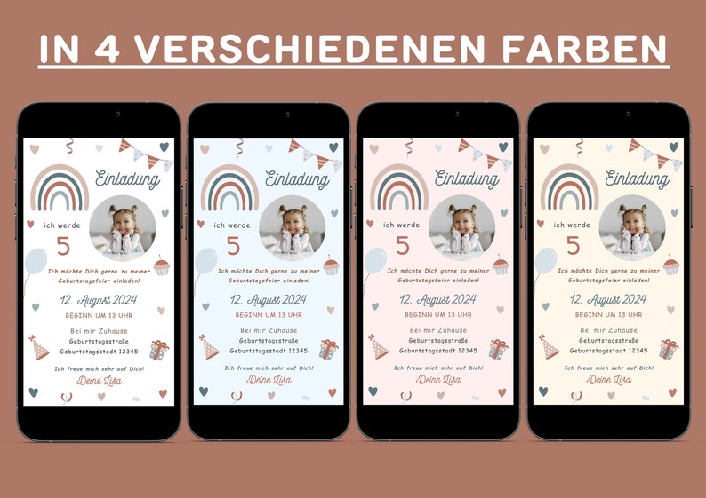 Op de afbeelding: Vier verschillende gekleurde digitale verjaardagsuitnodigingen met een regenboog, cupcake en ballonnen. De uitnodigingen zeggen "Einladung" wat in het Duits "uitnodiging" betekent. De tekst zegt "Ich werde 5" wat in het Duits "Ik word 5" betekent. De uitnodigingen bevatten ook de datum, tijd en locatie van het feest.