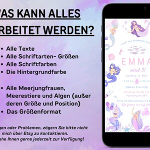 May include: A smartphone displays a mermaid-themed birthday invitation. The invitation features mermaids, sea creatures, and the text "EMMA wird 3!" in pink. The background is a soft purple with text in German.