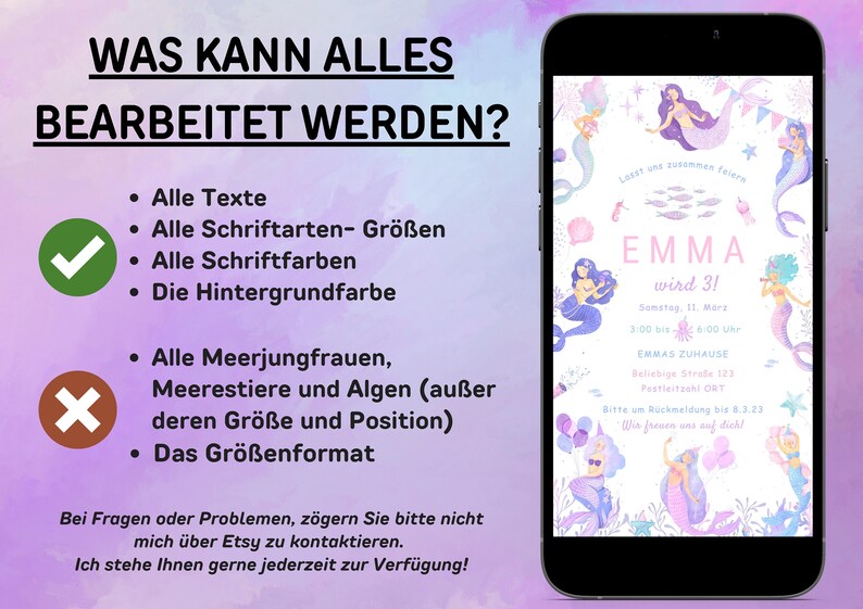 May include: A smartphone displays a mermaid-themed birthday invitation. The invitation features mermaids, sea creatures, and the text "EMMA wird 3!" in pink. The background is a soft purple with text in German.
