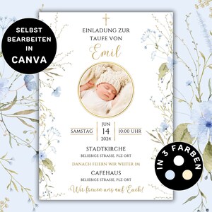Invito digitale per battesimo ragazzo da stampare Modello per biglietto di battesimo con foto Invito personalizzabile per battesimo ragazzo con fiori Canva