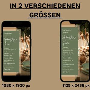 Op de afbeelding: Twee digitale verjaardagsuitnodigingen met een groene en bruine kleurstelling. De uitnodigingen hebben een rustieke, natuurlijke uitstraling met een bloemstuk en de tekst "Einladung zu meinem Geburtstags Fuer". De uitnodigingen zijn verkrijgbaar in twee formaten: 1080 x 1920 pixels en 1125 x 2436 pixels.