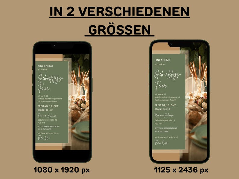 Op de afbeelding: Twee digitale verjaardagsuitnodigingen met een groene en bruine kleurstelling. De uitnodigingen hebben een rustieke, natuurlijke uitstraling met een bloemstuk en de tekst "Einladung zu meinem Geburtstags Fuer". De uitnodigingen zijn verkrijgbaar in twee formaten: 1080 x 1920 pixels en 1125 x 2436 pixels.