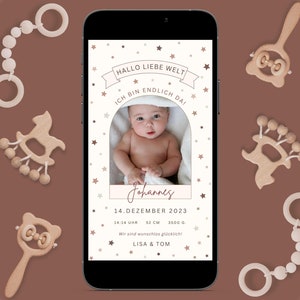 Digitale Geburtsanzeige zum Versenden per WhatsApp Personalisierbar Neutrale Geburtsangzeige eCard Geburt Verkünden Baby-Ankündigung Geburt
