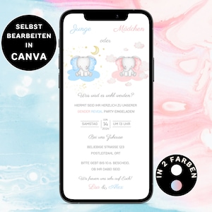 Invitación digital para fiesta de revelación de género para enviar por WhatsApp Invitación para fiesta de bebé con elefante Plantilla Canva para género de niño o niña