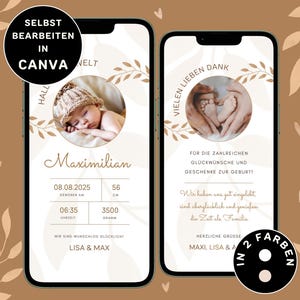 Könnte beinhalten: Zwei Smartphones mit Baby-Ankündigungsdesigns. Eines zeigt ein Babyfoto, Name, Geburtsdatum und Maße (56 cm, 3500 Gramm). Das andere zeigt Babyfüße und eine Dankesbotschaft. Text: "Selbst bearbeiten in Canva".