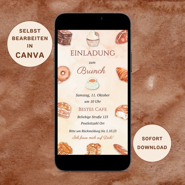 Einladung Brunch zum Versenden per WhatsApp Personalisierbar Digitale Einladung eCard Brunch Kaffee und Kuchen Sofort Download Canva Vorlage