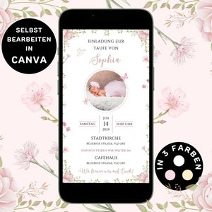 Convite digital flores de menina de batismo para enviar via WhatsApp Cartão de batismo com foto personalizável eCard Modelo de Canva de convite de batismo de menina